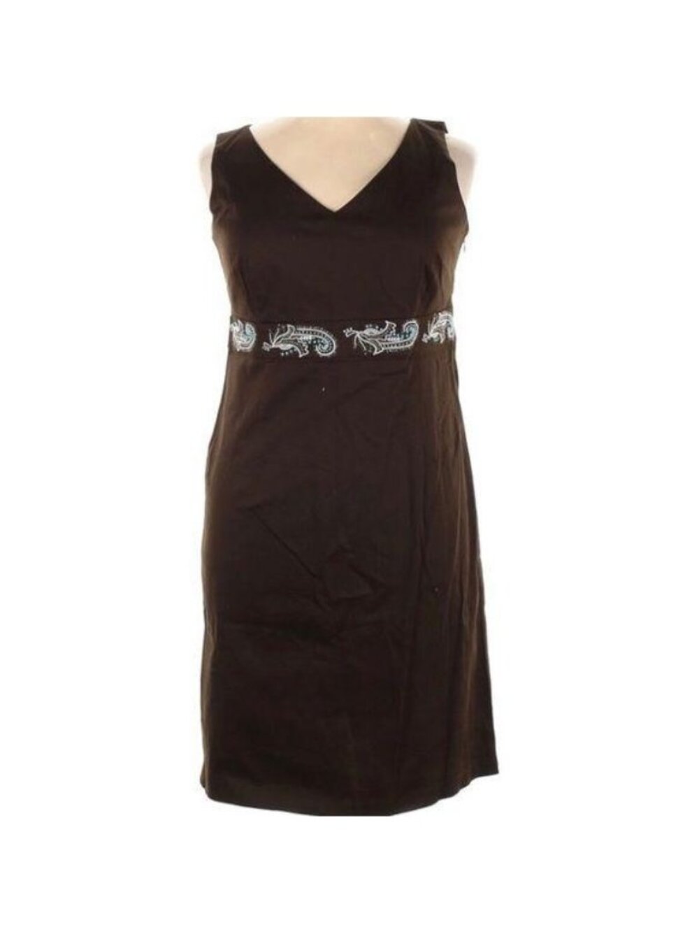 Ann Taylor Loft Brown Sleeveless Dress Embroidered Paisley Waistband Size 14